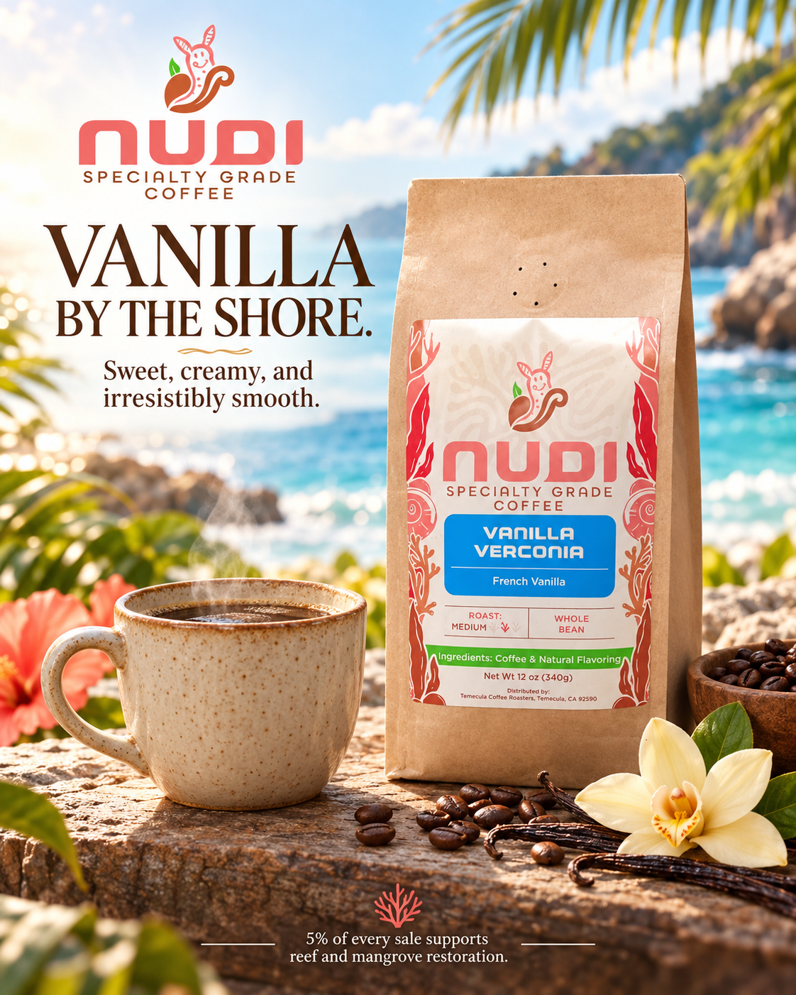 NUDI Coffee Vanilla by the Shore campaign graphic