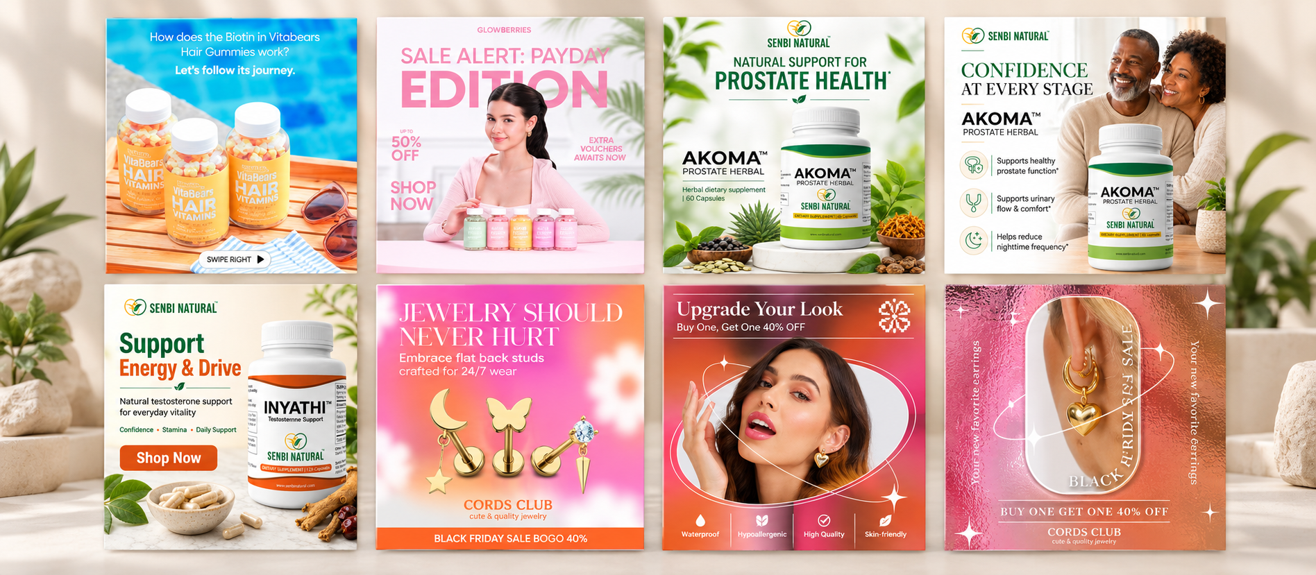 Selected social media creative across Senbi Natural, Cords Club, and other GADI portfolio work