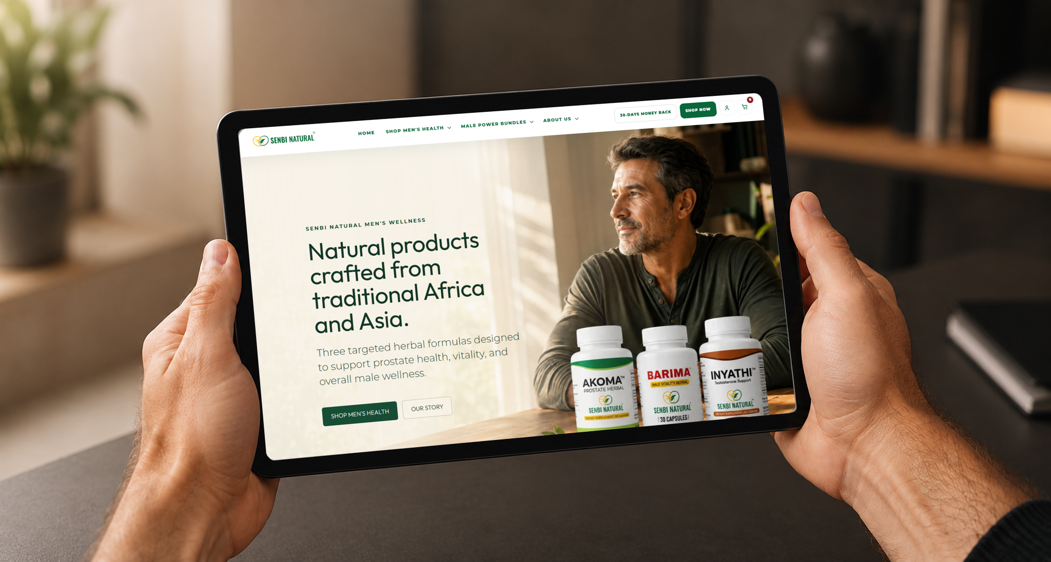 Senbi Natural responsive website shown on a tablet
