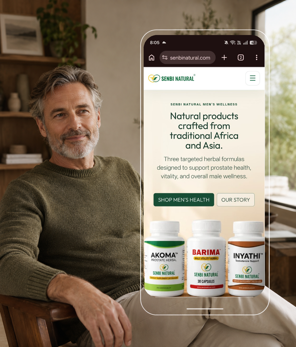 Mature man in a warm residential interior beside a transparent phone outline presenting the authentic Senbi Natural mobile homepage
