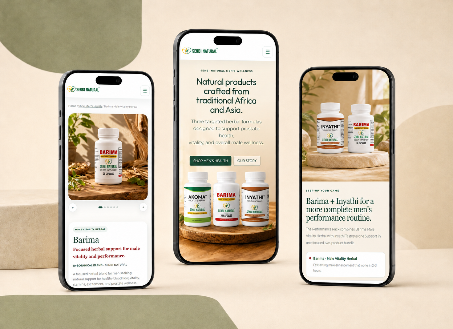 Three mobile phone mockups presenting the Senbi Natural responsive website experience