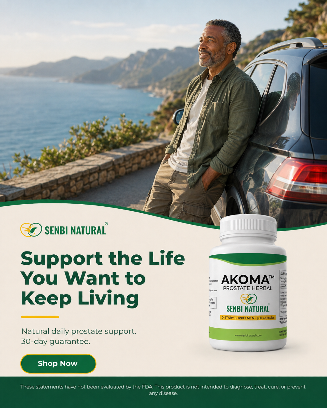 Senbi Natural Akoma lifestyle social design featuring a man beside a vehicle