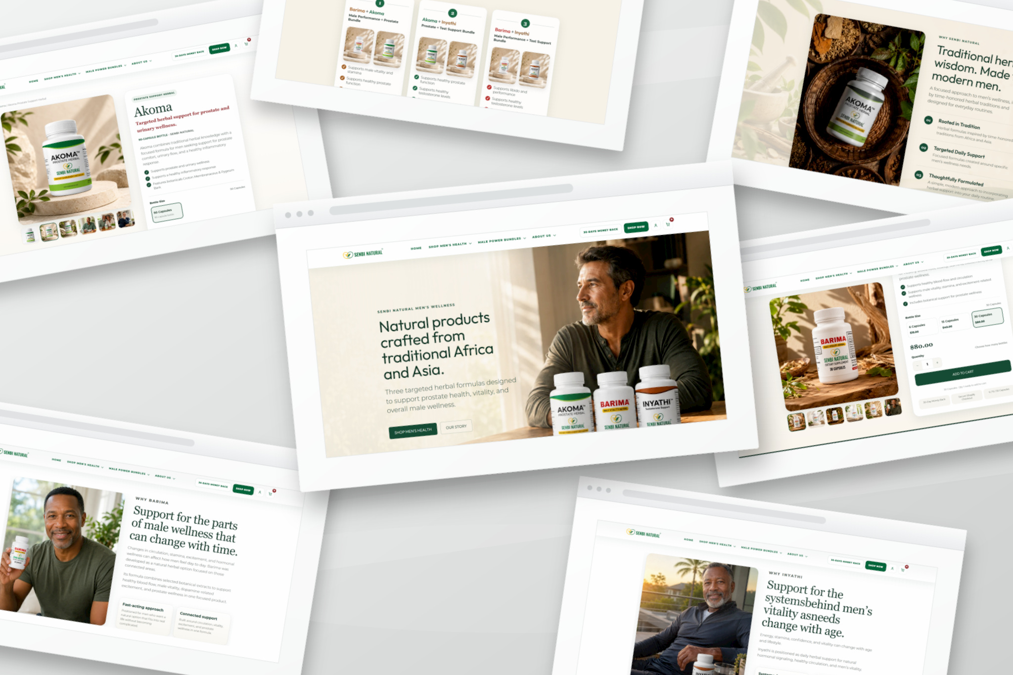 Editorial collage of authentic Senbi Natural website pages shown in layered browser windows